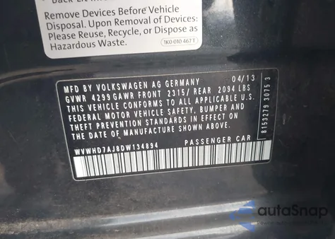 2013 Volkswagen Gti Drivers Edition из США, поврежденный, VIN WVWHD7AJ8DW134894